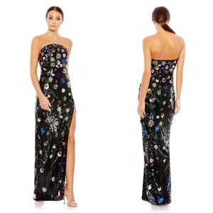 Mac Duggal Black Sequin Maxi Dress with Floral Accents